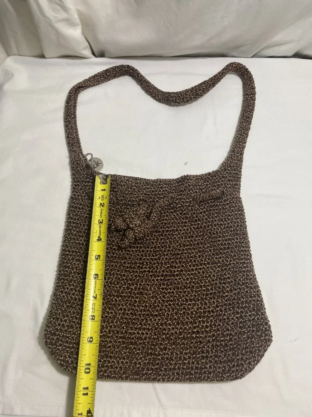 The Sak Brown Crochet Knit Drawstring Shoulder Bag Boho Slouch Hobo Purse